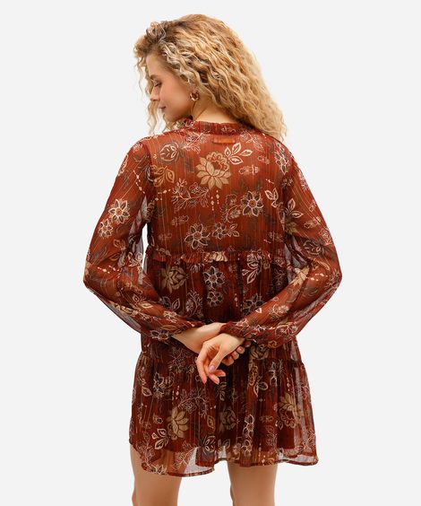vestido curto feminino com recortes e lurex floral marrom