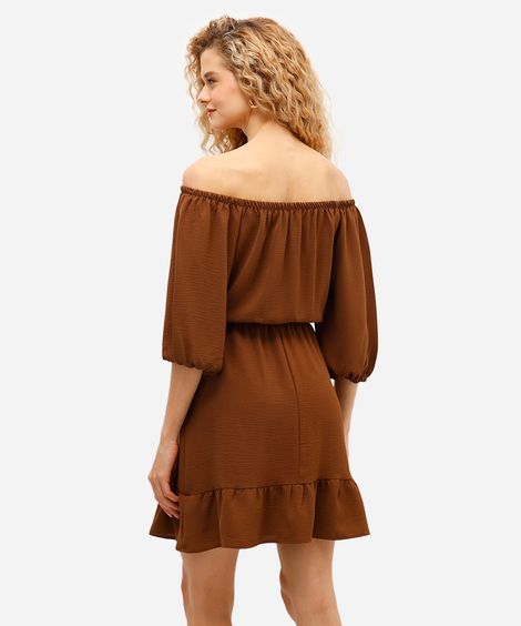 vestido curto feminino texturizado manga bufante marrom