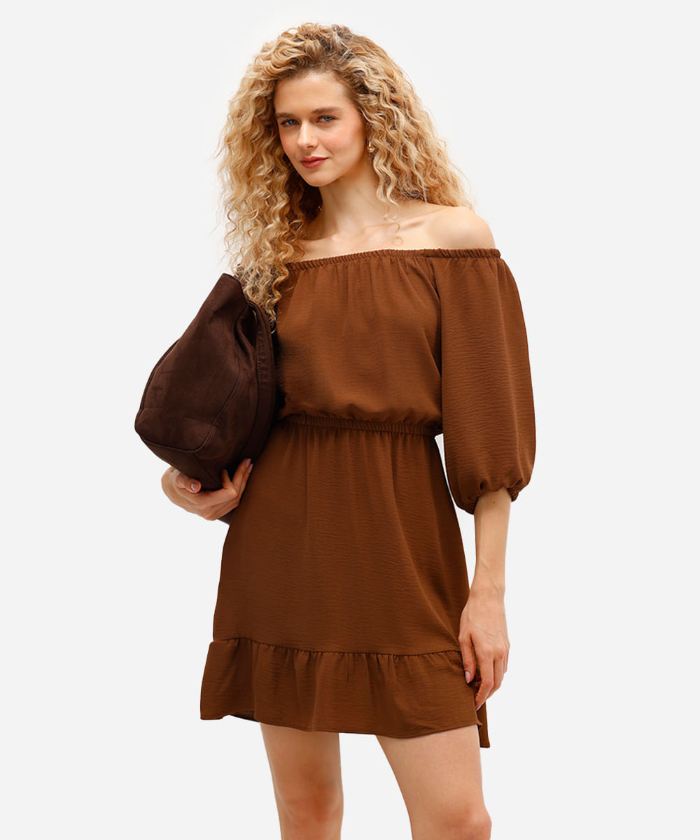 vestido curto feminino texturizado manga bufante marrom