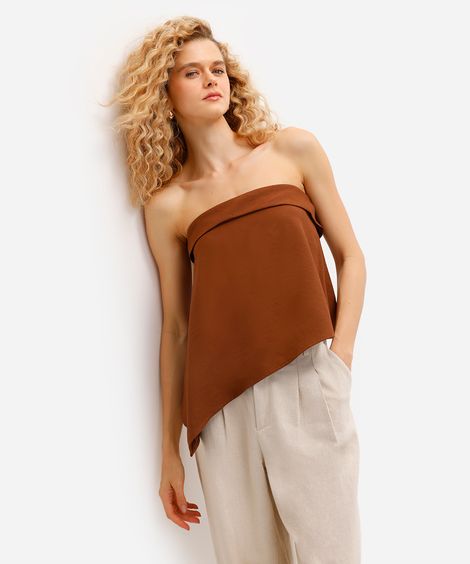 blusa sem alça de viscose assimétrica marrom