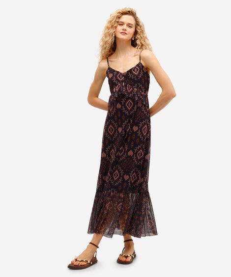 vestido longo feminino de tule alça fina arabesco preto