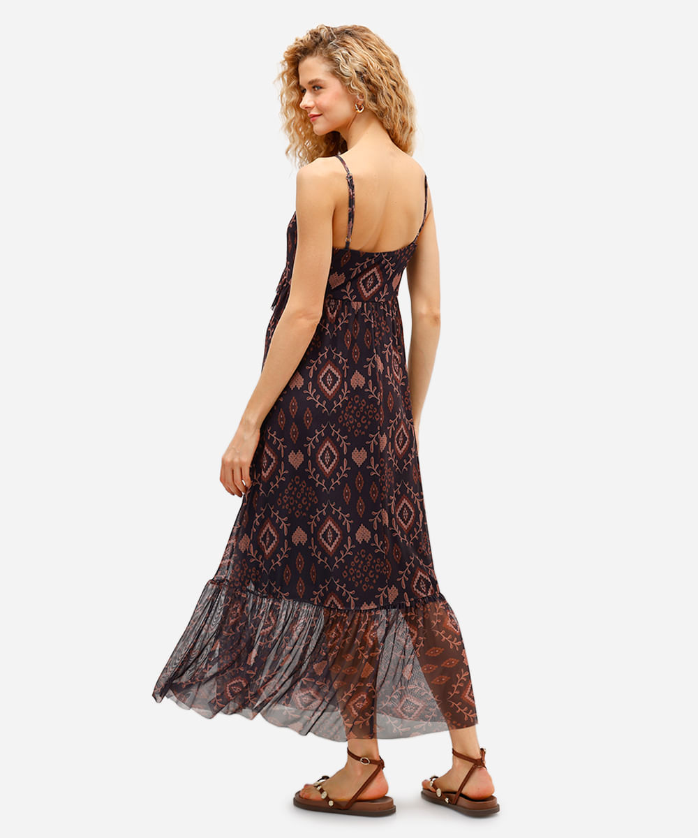 vestido longo feminino de tule alça fina arabesco preto