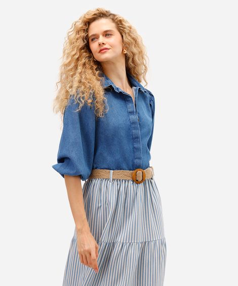 camisa feminina jeans manga bufante azul