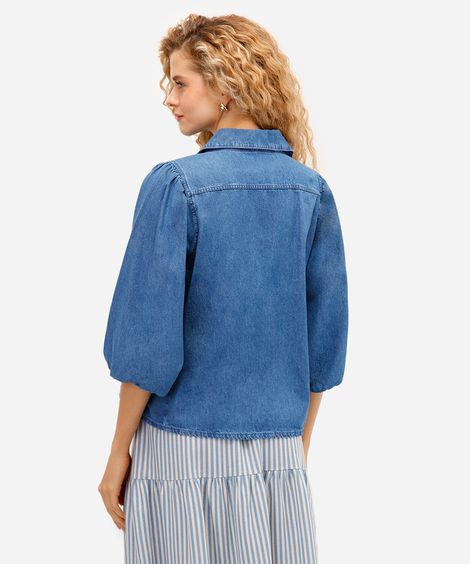 camisa feminina jeans manga bufante azul