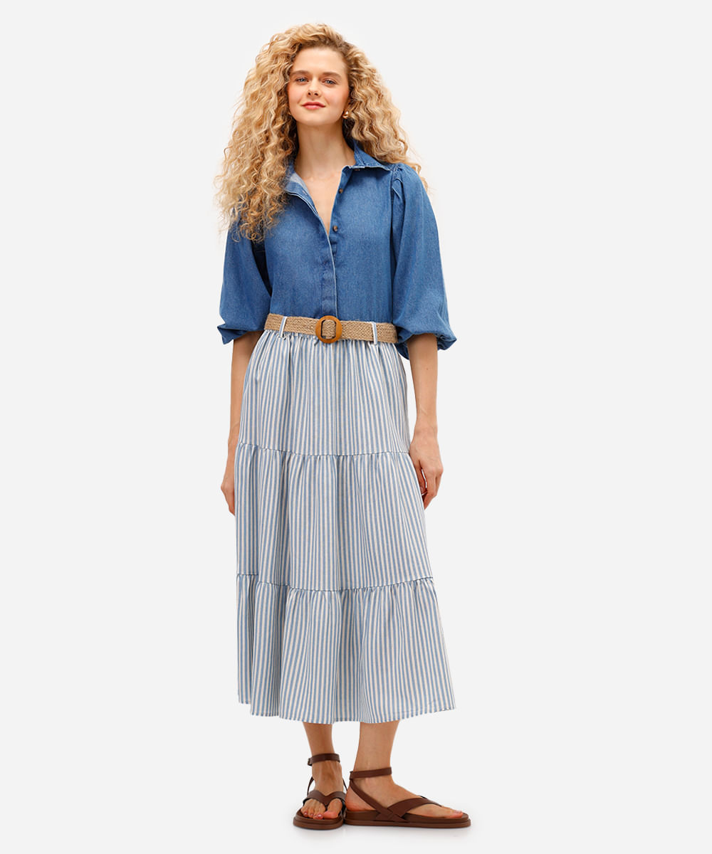 camisa feminina jeans manga bufante azul