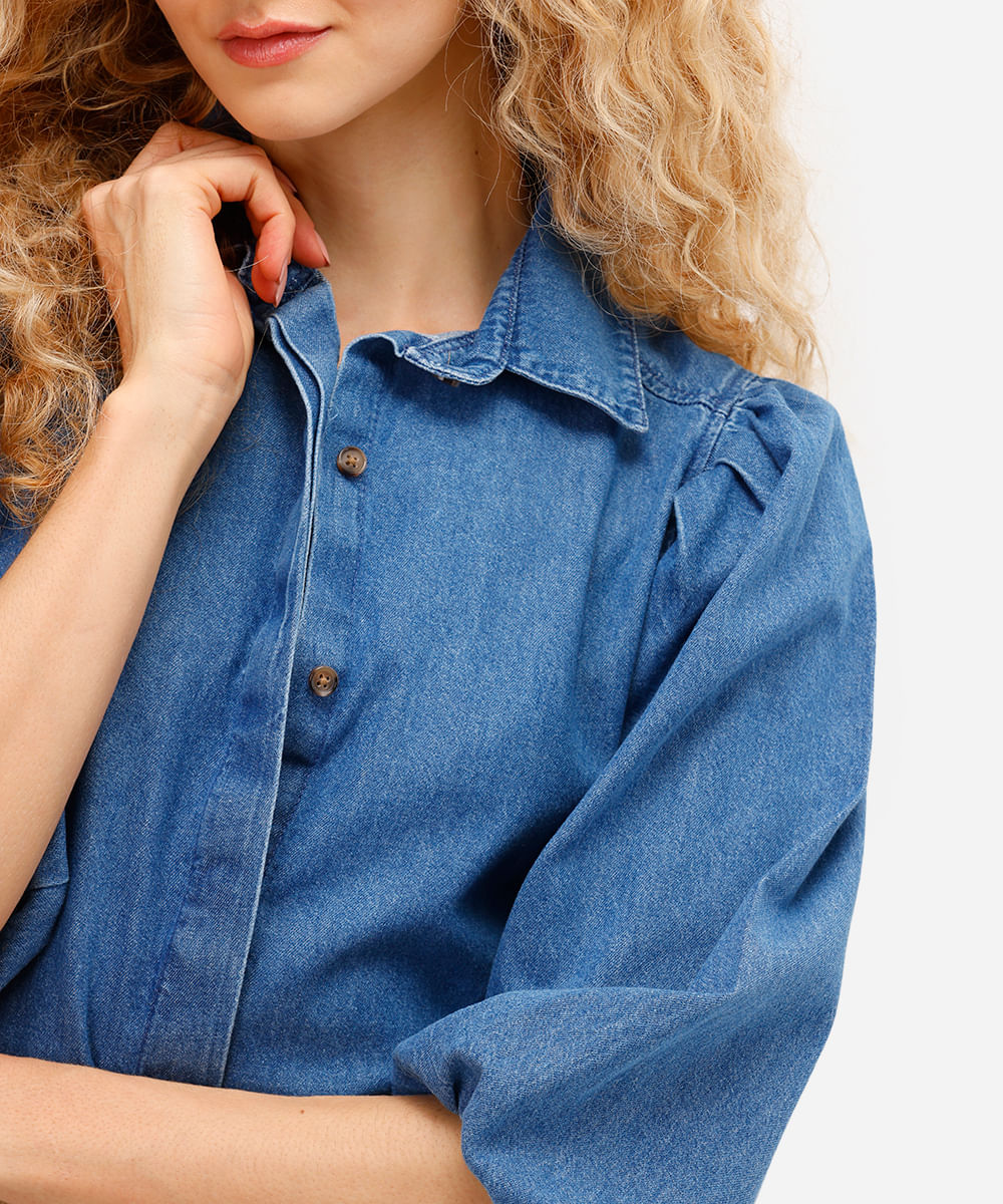 camisa feminina jeans manga bufante azul