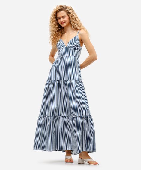 vestido longo feminino de sarja com recortes listrado azul