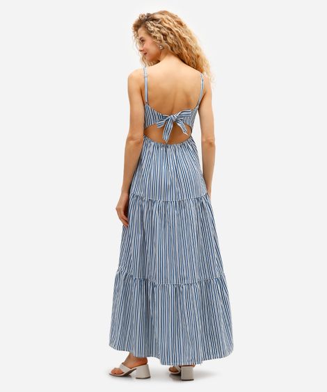 vestido longo feminino de sarja com recortes listrado azul