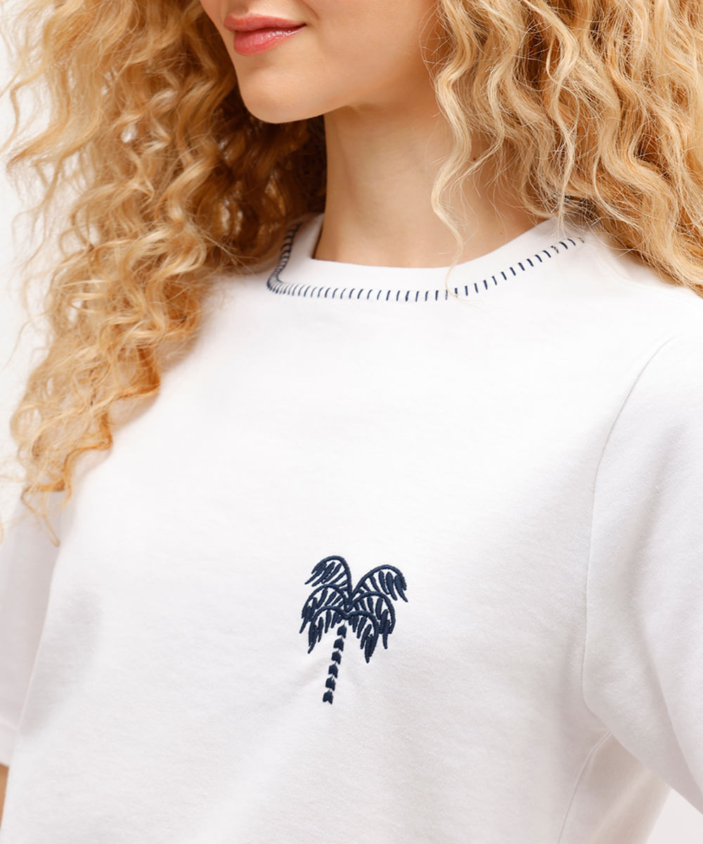 camiseta feminina com algodão bordada off white