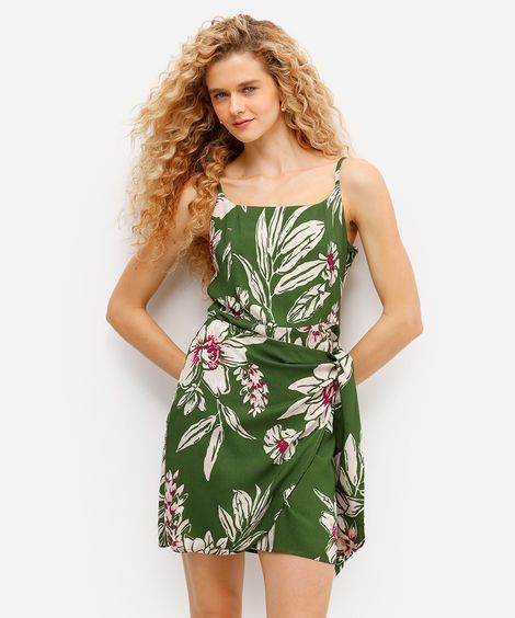 vestido curto feminino de viscose com amarração floral verde
