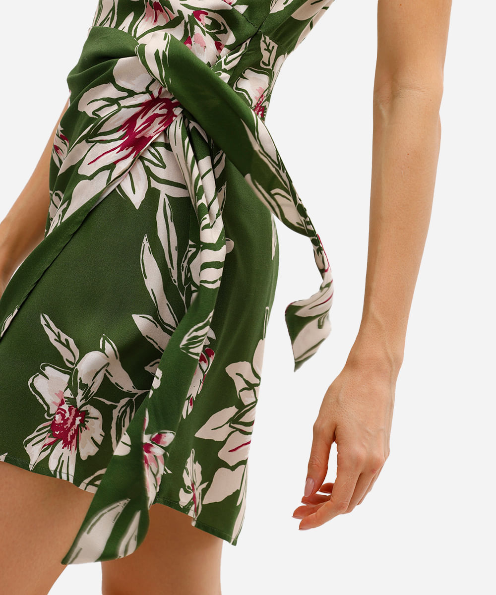 vestido curto feminino de viscose com amarração floral verde