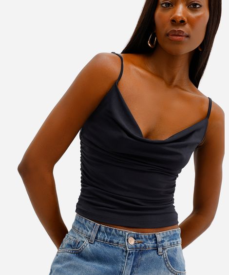 blusa feminina alça fina franzida preta