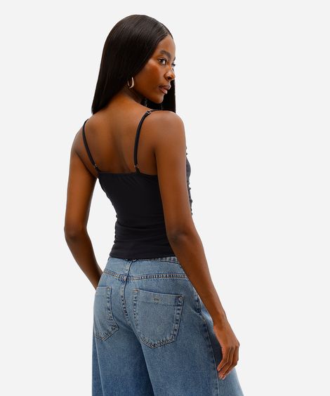 blusa feminina alça fina franzida preta