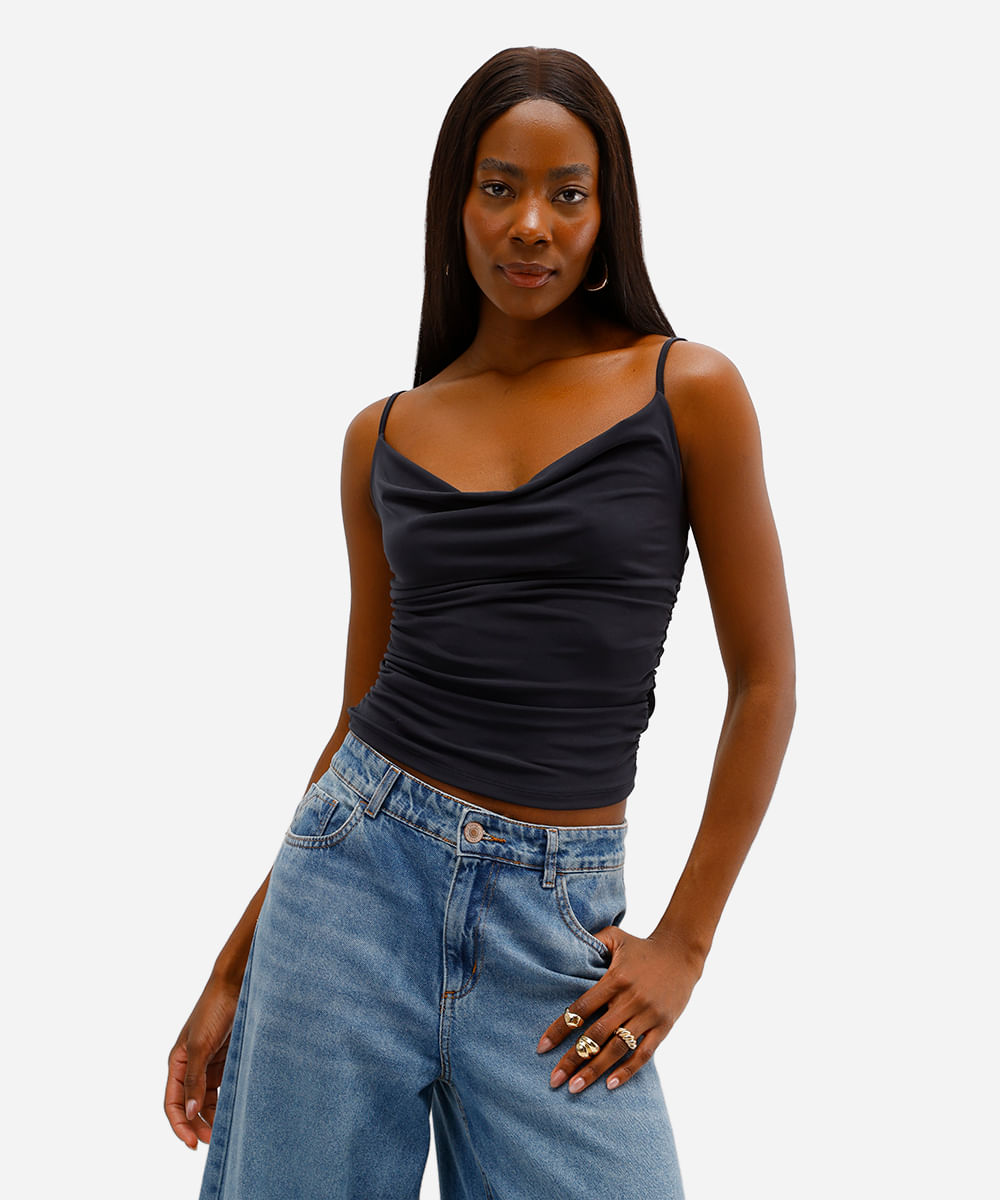 blusa feminina alça fina franzida preta