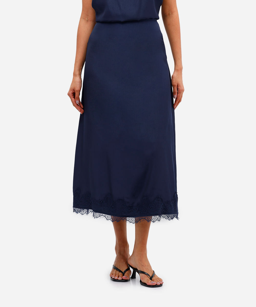 saia acetinada feminina com renda azul