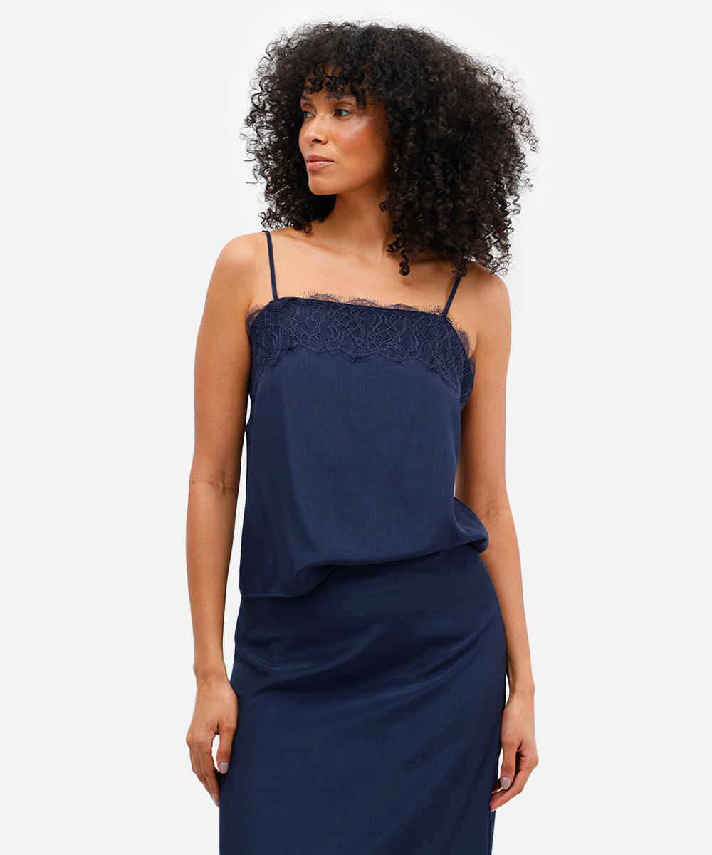 blusa acetinada feminina com renda azul