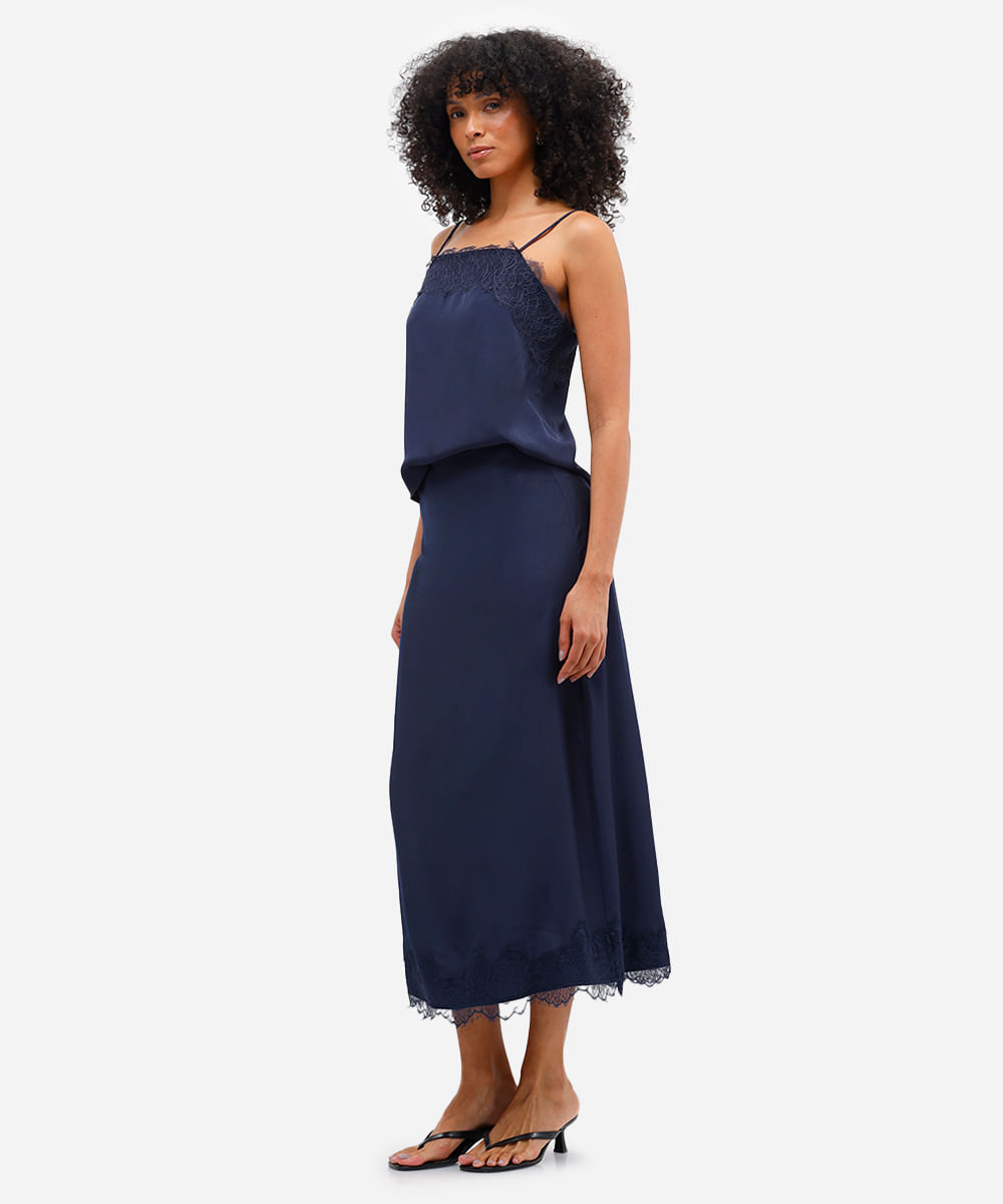 blusa acetinada feminina com renda azul