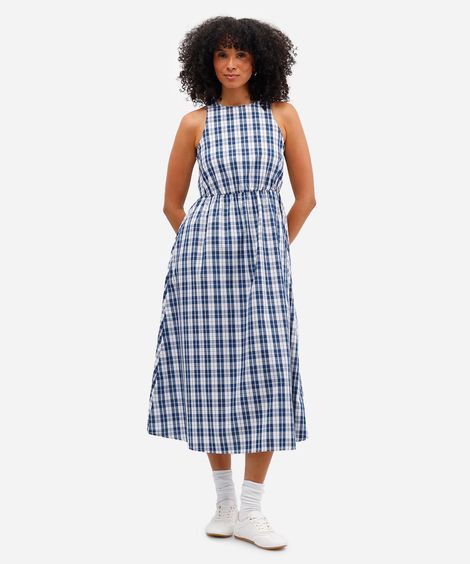 vestido halterneck feminino xadrez azul