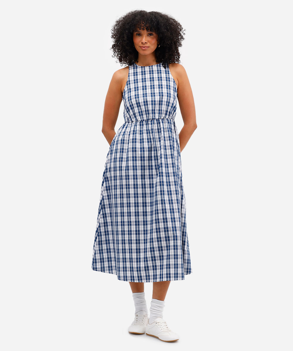 vestido halterneck feminino xadrez azul