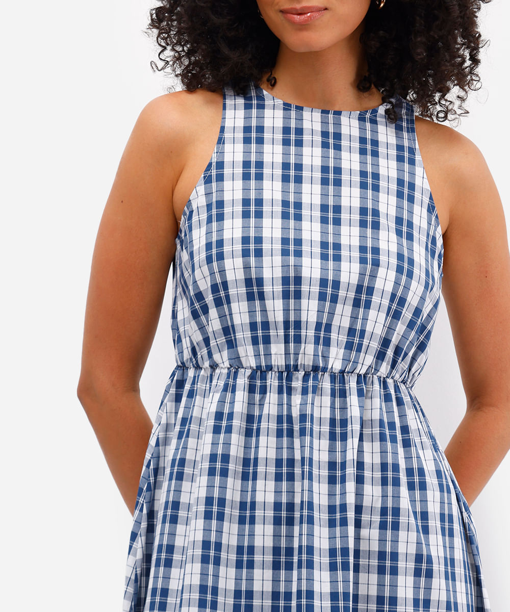 vestido halterneck feminino xadrez azul
