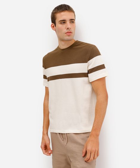 camiseta comfort texturizada listrada manga curta bege
