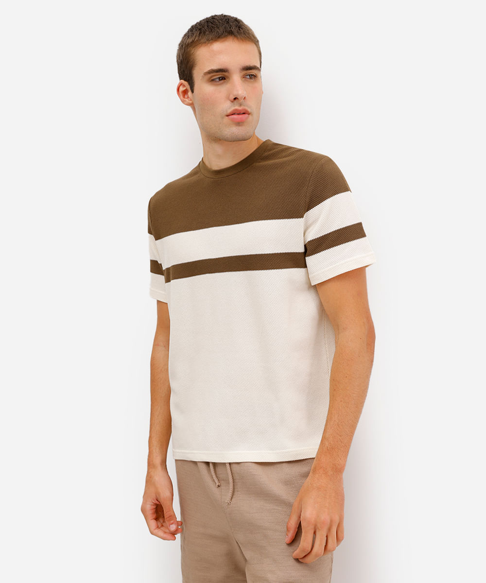 camiseta comfort texturizada listrada manga curta bege