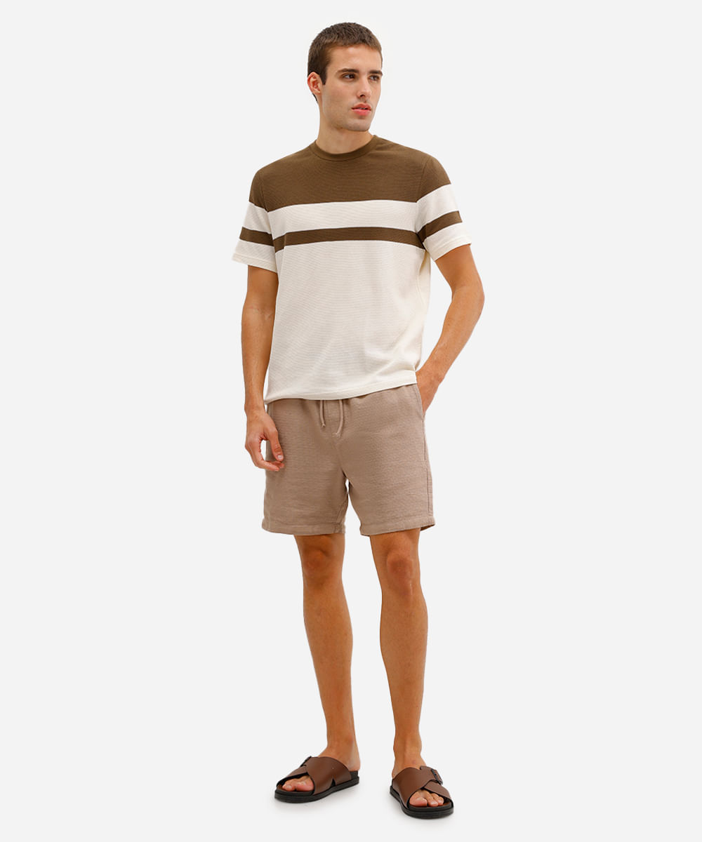 camiseta comfort texturizada listrada manga curta bege