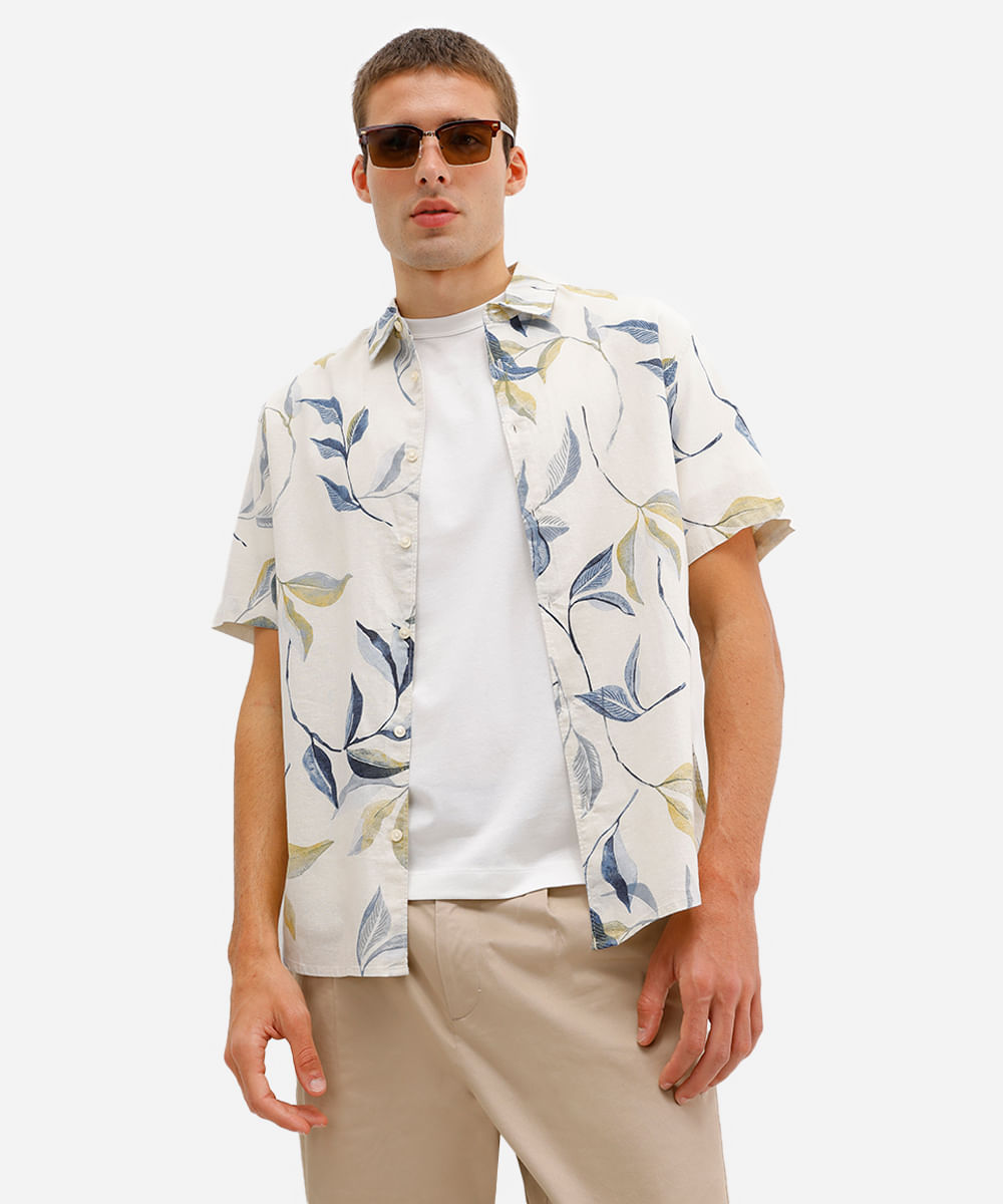 camisa masculina de linho e algodão manga curta off white