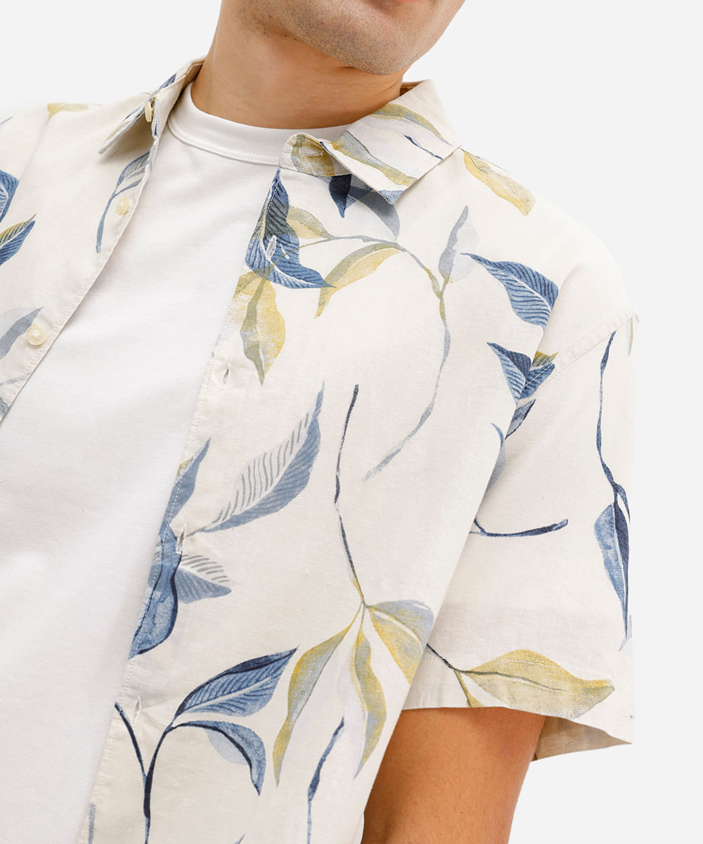 camisa masculina de linho e algodão manga curta off white