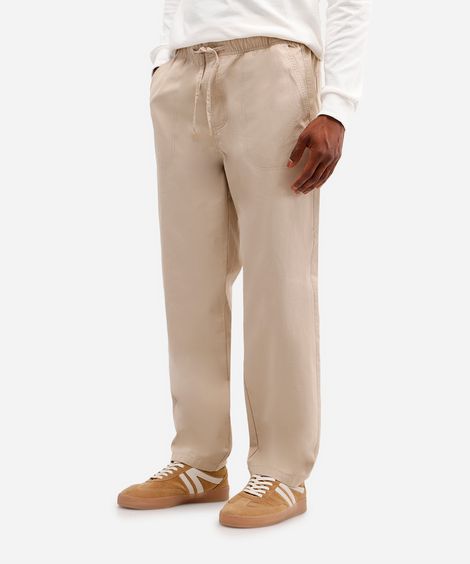 calça reta masculina de sarja cós elástico bege