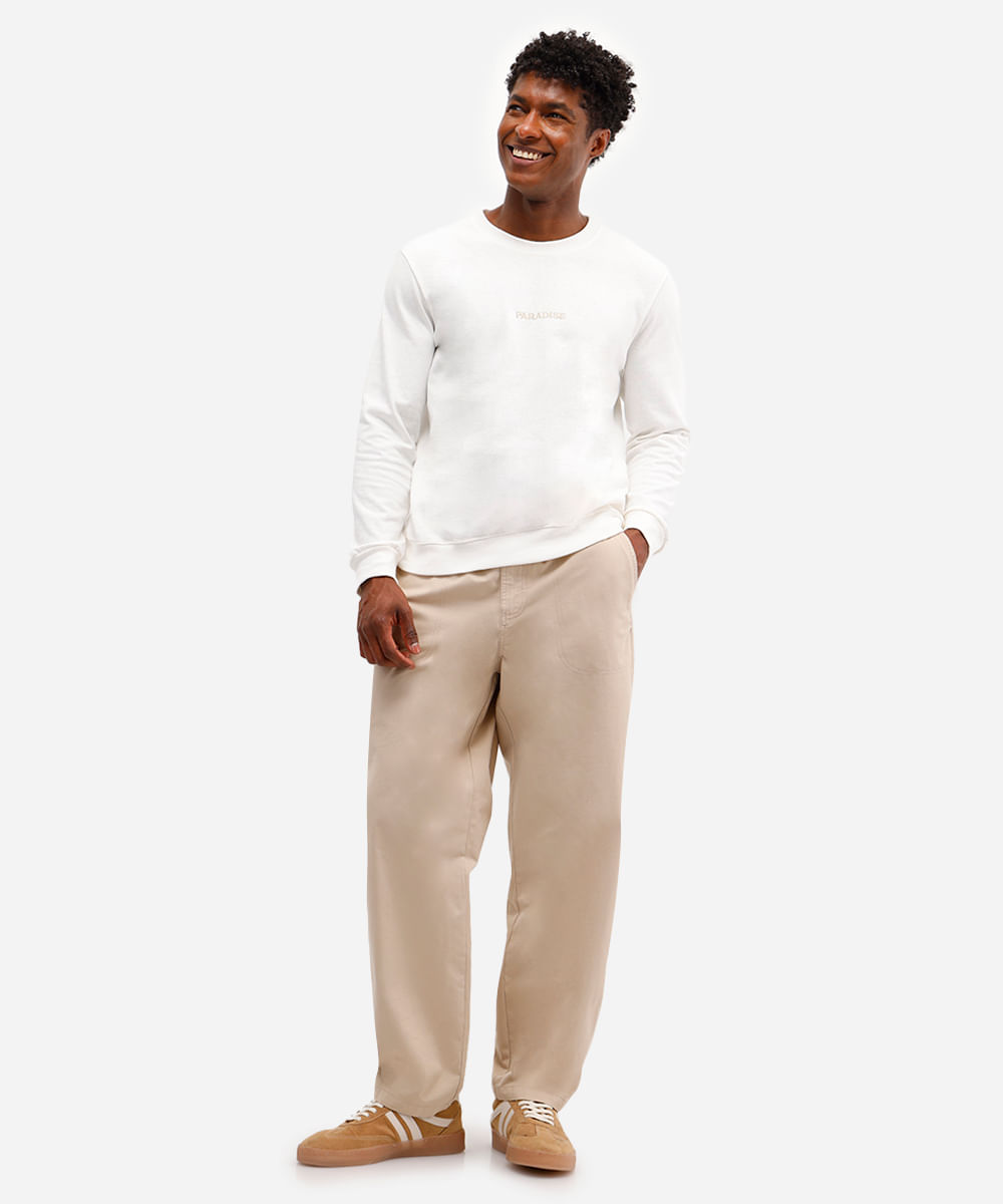 calça reta masculina de sarja cós elástico bege