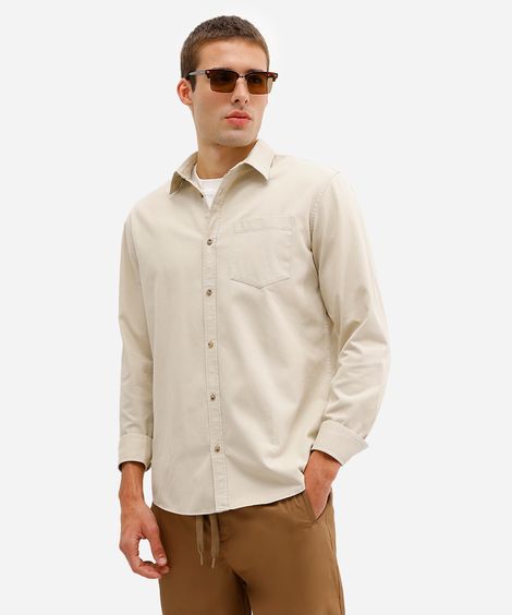 camisa comfort masculina de sarja manga longa bege