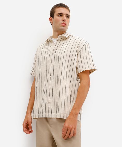 camisa masculina de algodão listrada texturizada bege