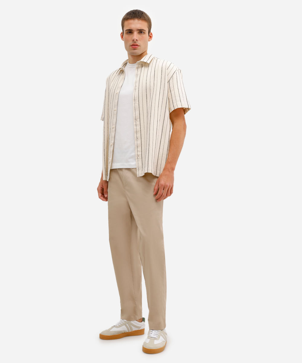 camisa masculina de algodão listrada texturizada bege