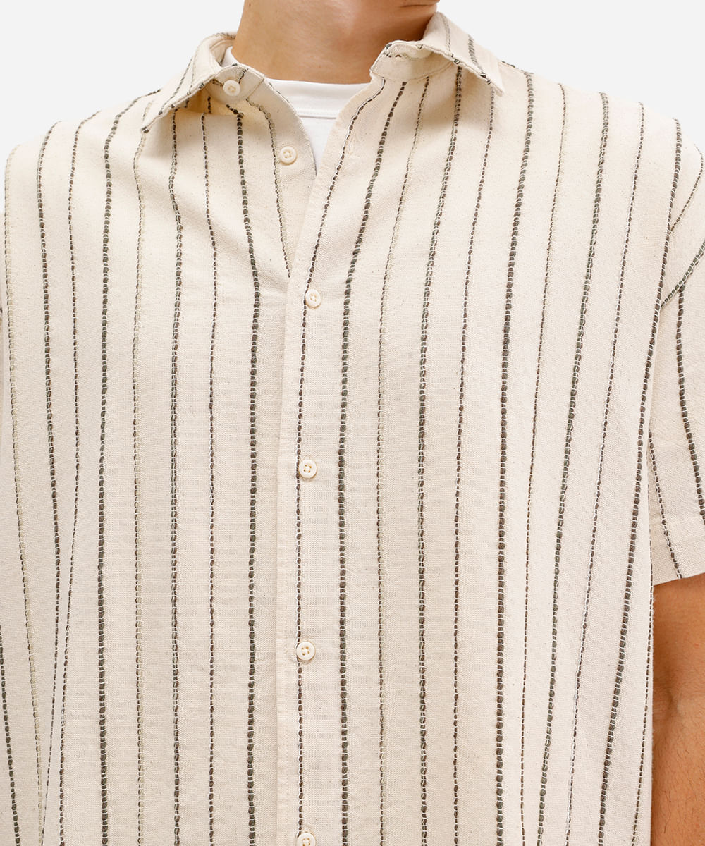 camisa masculina de algodão listrada texturizada bege