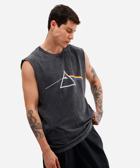 regata machão masculina de algodão pink floyd estonada preta