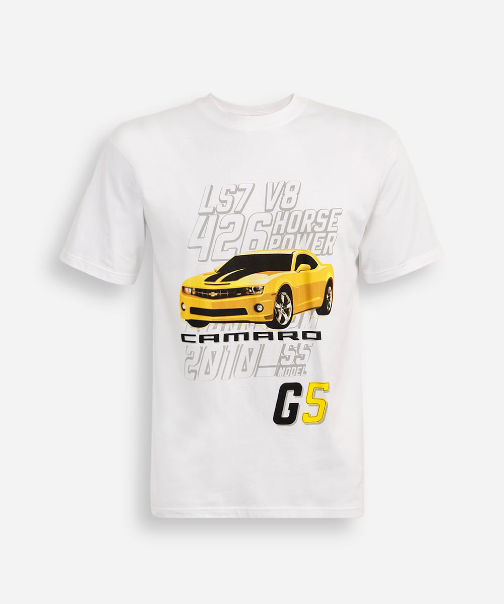 camiseta comfort juvenil manga curta chevrolet camaro off white