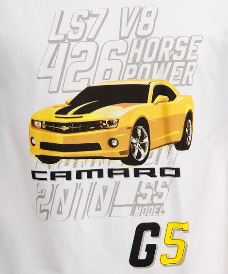 camiseta comfort juvenil manga curta chevrolet camaro off white