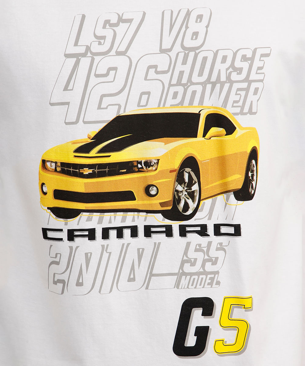 camiseta comfort juvenil manga curta chevrolet camaro off white