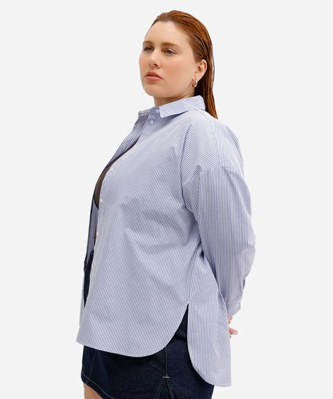 camisa feminina de algodão oversized plus size listrada azul