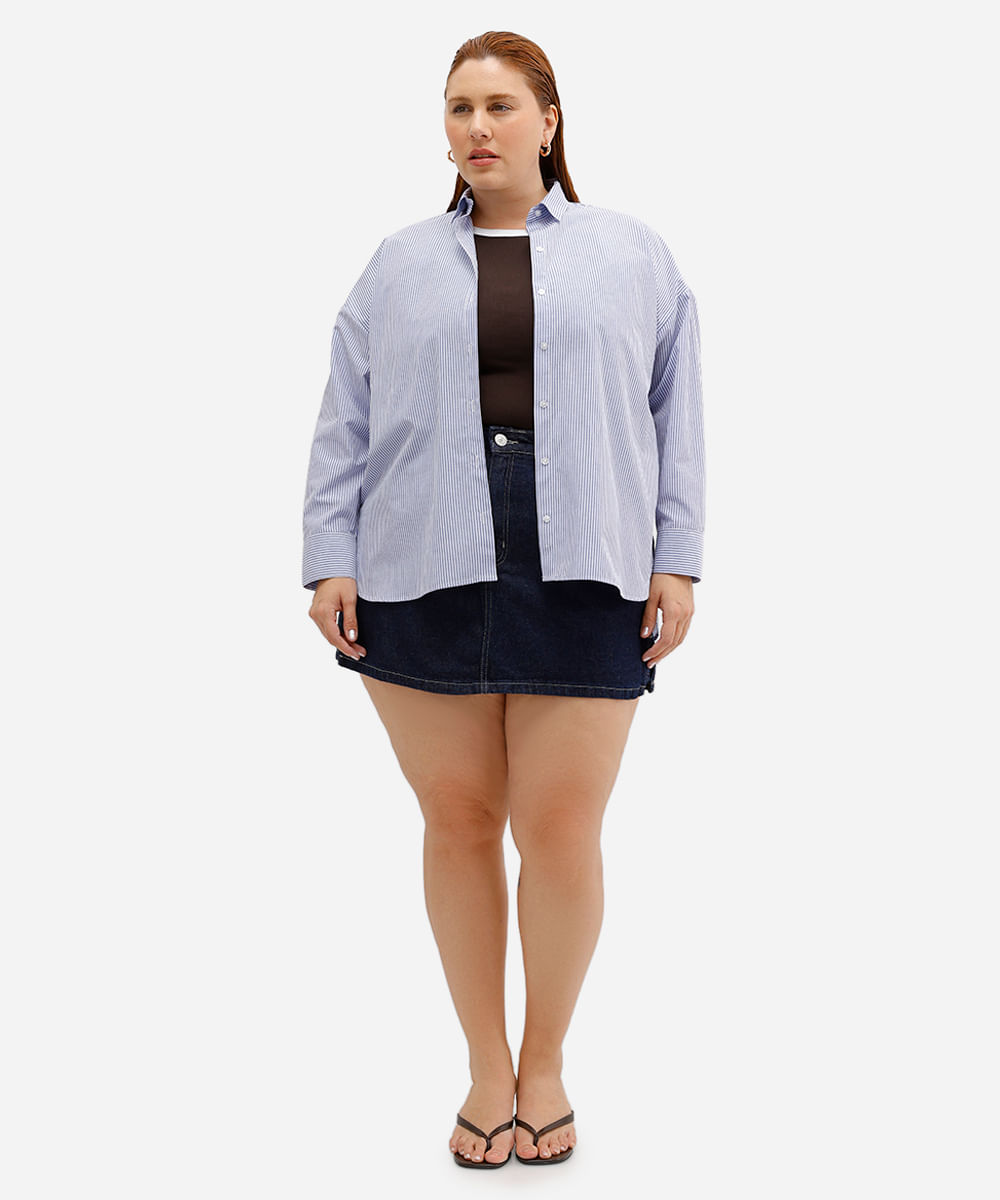 camisa feminina de algodão oversized plus size listrada azul