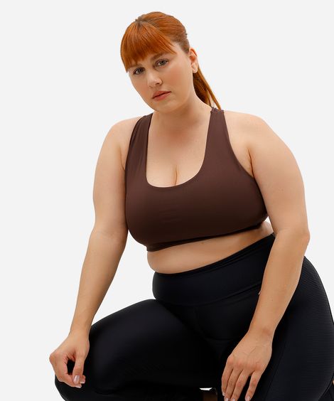 top feminino esportivo decote nadador plus size marrom