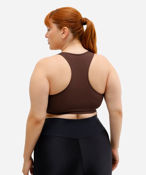 top feminino esportivo decote nadador plus size marrom