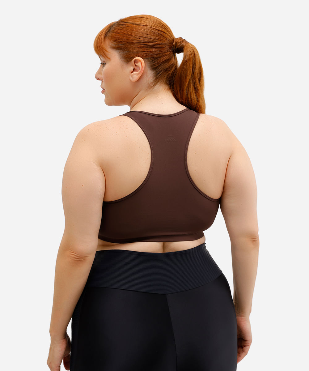 top feminino esportivo decote nadador plus size marrom