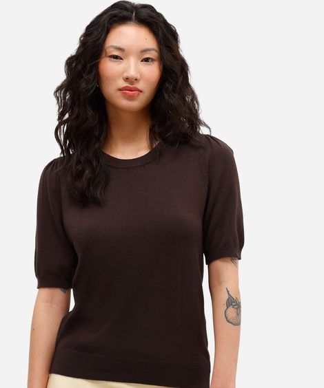 blusa feminina de tricot manga bufante marrom