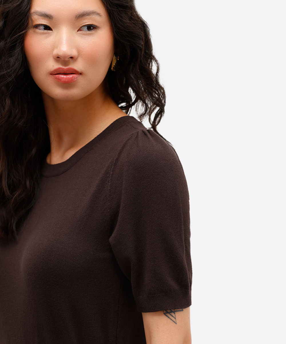 blusa feminina de tricot manga bufante marrom