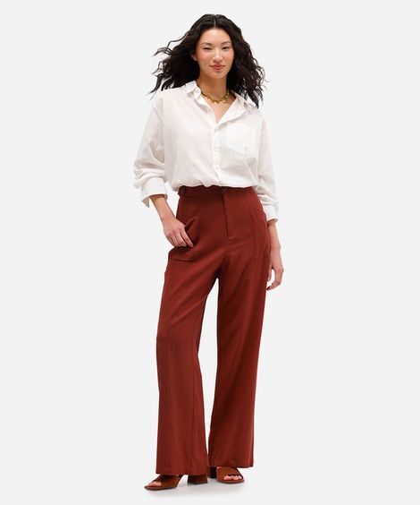 calça wide leg com linho cós elástico vinho