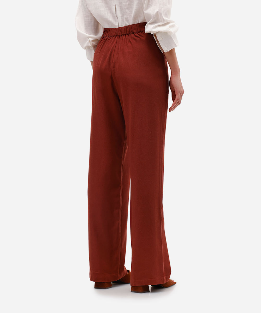 calça wide leg com linho cós elástico vinho