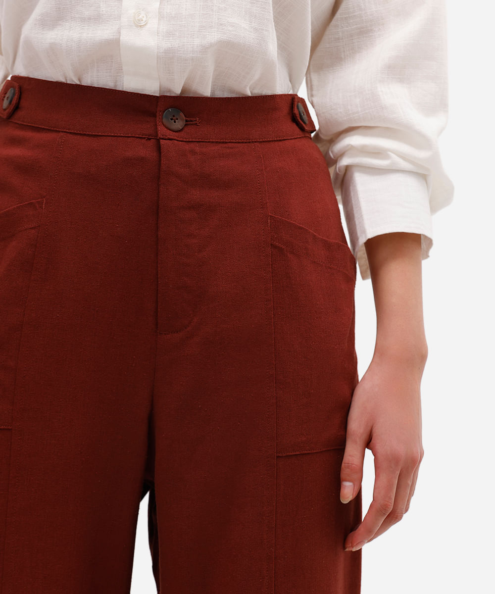 calça wide leg com linho cós elástico vinho