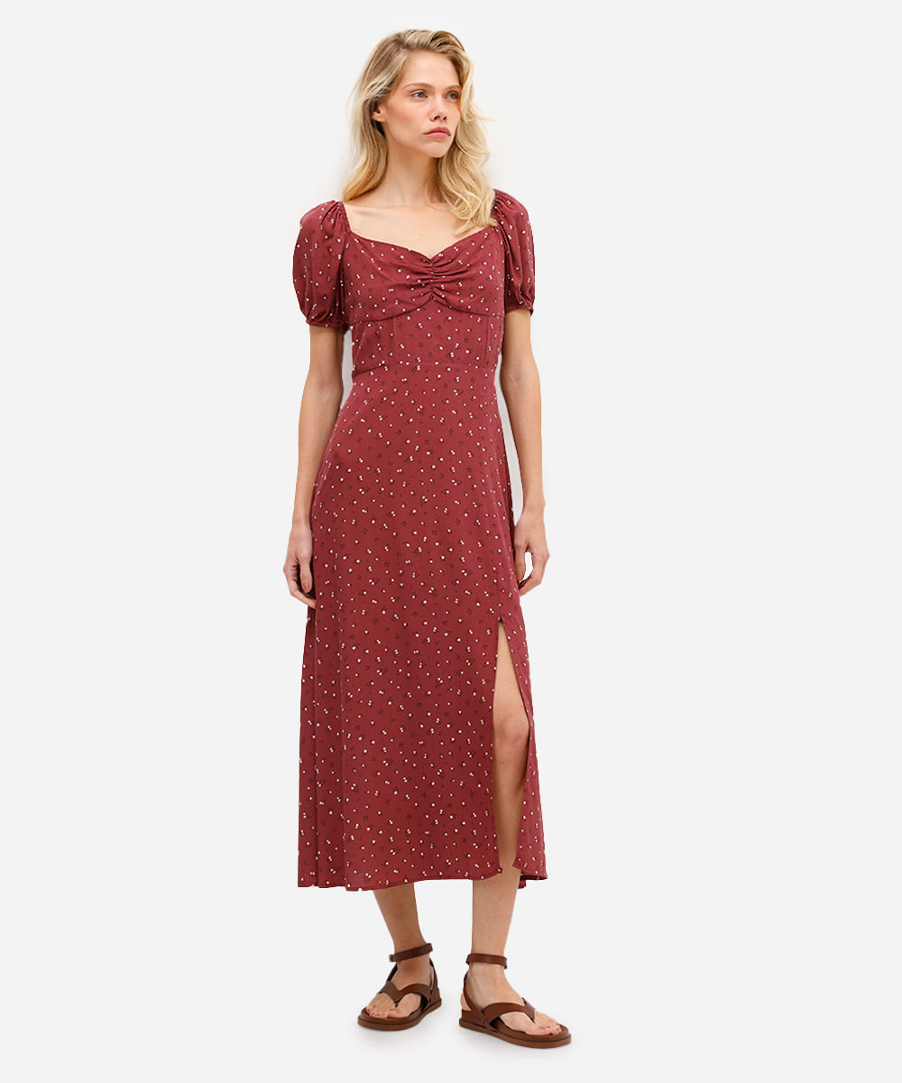 vestido midi feminino de viscose floral vinho